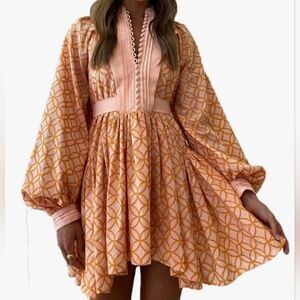 New Roiii Women A-Line Lace Loose Baroque Button Down Long Sleeve Casual Dress.